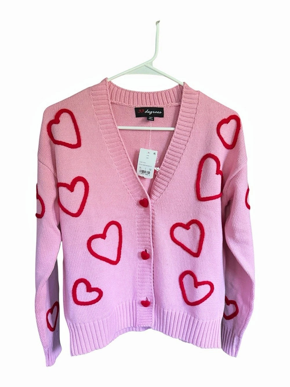 33 degrees Pink w/ Red Hearts Cardigan  Size XS NWT